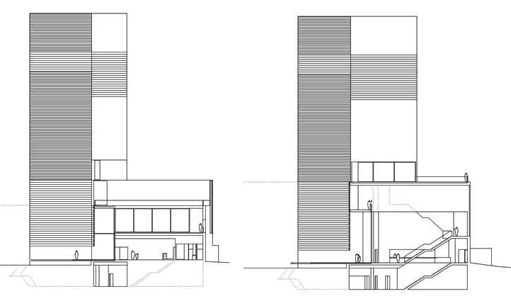 CENTRO DE LAS ARTES_ACORUNA_ALZADOS Y SECCIONES TRANSVERSALES POR CUERPO INFERIOR