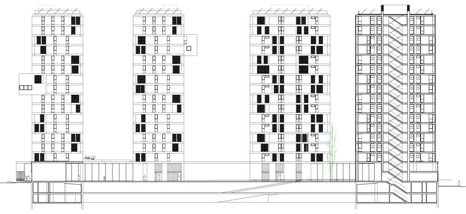 360 VIVIENDAS_MARITURRI_VITORIA_SECCION LONGITUDINAL DE TORRE_ALZADO INTERIOR ESTE DEL CONJUNTO