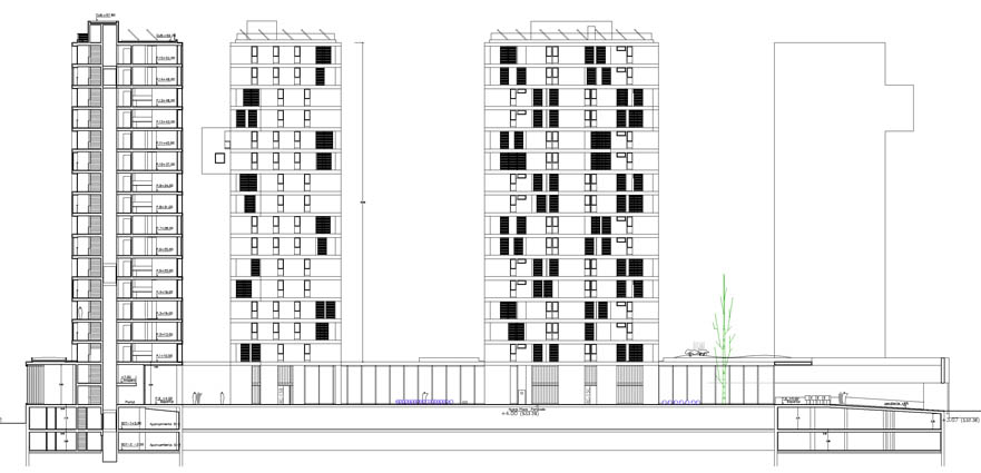 360 VIVIENDAS_MARITURRI_VITORIA_SECCION TRANSVERSAL DE TORRE_ALZADO INTERIOR OESTE DEL CONJUNTO