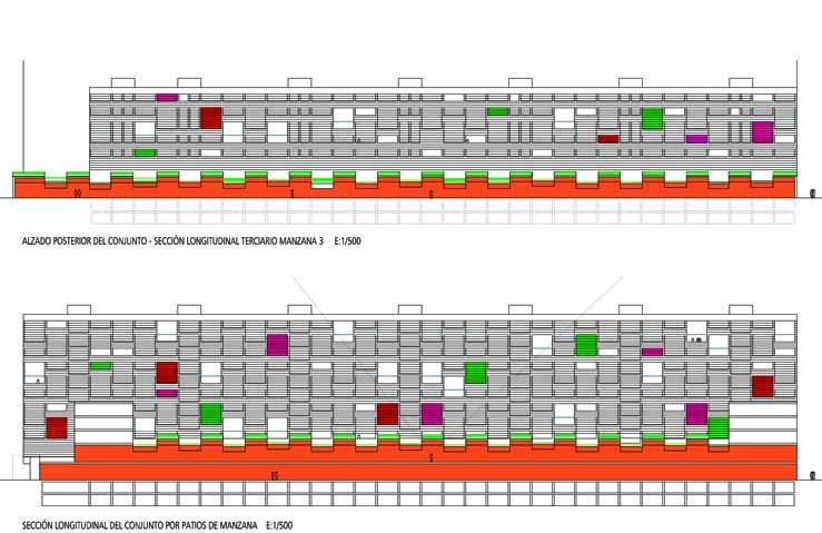 VIENDAS_AVE_ZARAGOZA_SECCION LONGITUDINAL POR PLANTAS DE COMERCIAL_ALZADOS CARACTERISTICOS A ZONAS INTERIORES INTER-EDIFICIOS