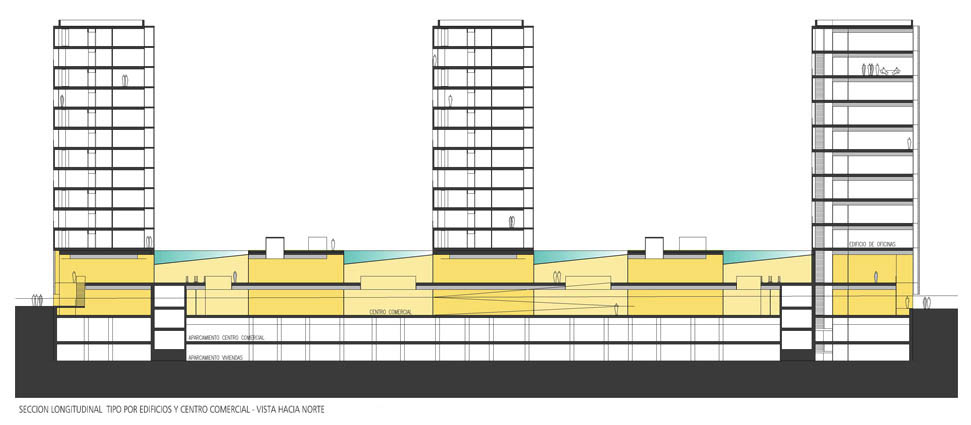 VIVIENDAS_M5_6_ZARAGOZA_SECCION LONGITUDINAL_EDIFICIOS Y CENTRO COMERCIAL_VISTA HACIA NORTE