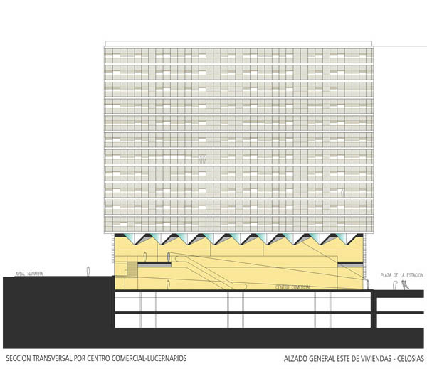 VIVIENDAS_M5_6_ZARAGOZA_SECCION TRANSVERSAL POR CENTRO COMERCIAL_LUCERNARIOS