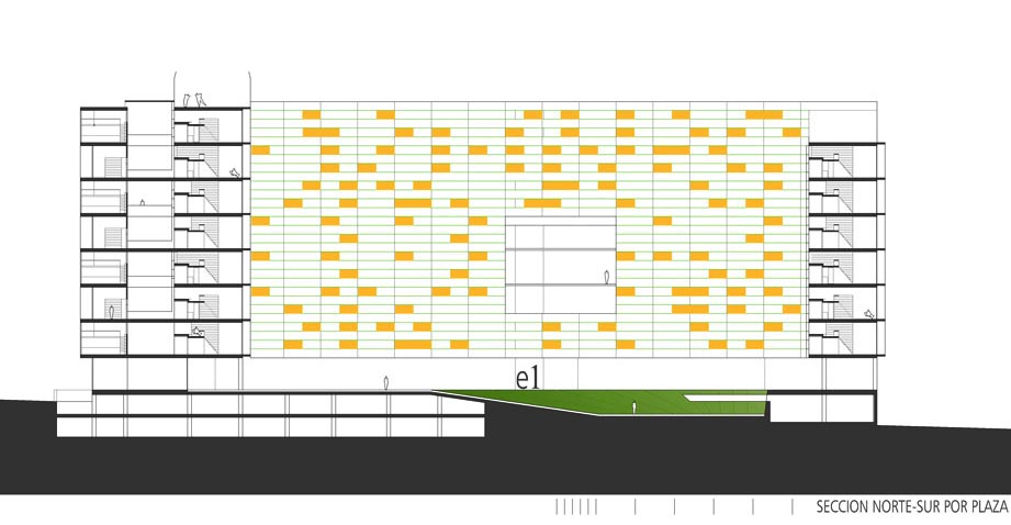 VIVIENDAS_UNIVERSITARIAS_ZARAGOZA_SECCION LONGITUDINAL GENERAL NORTE-SUR